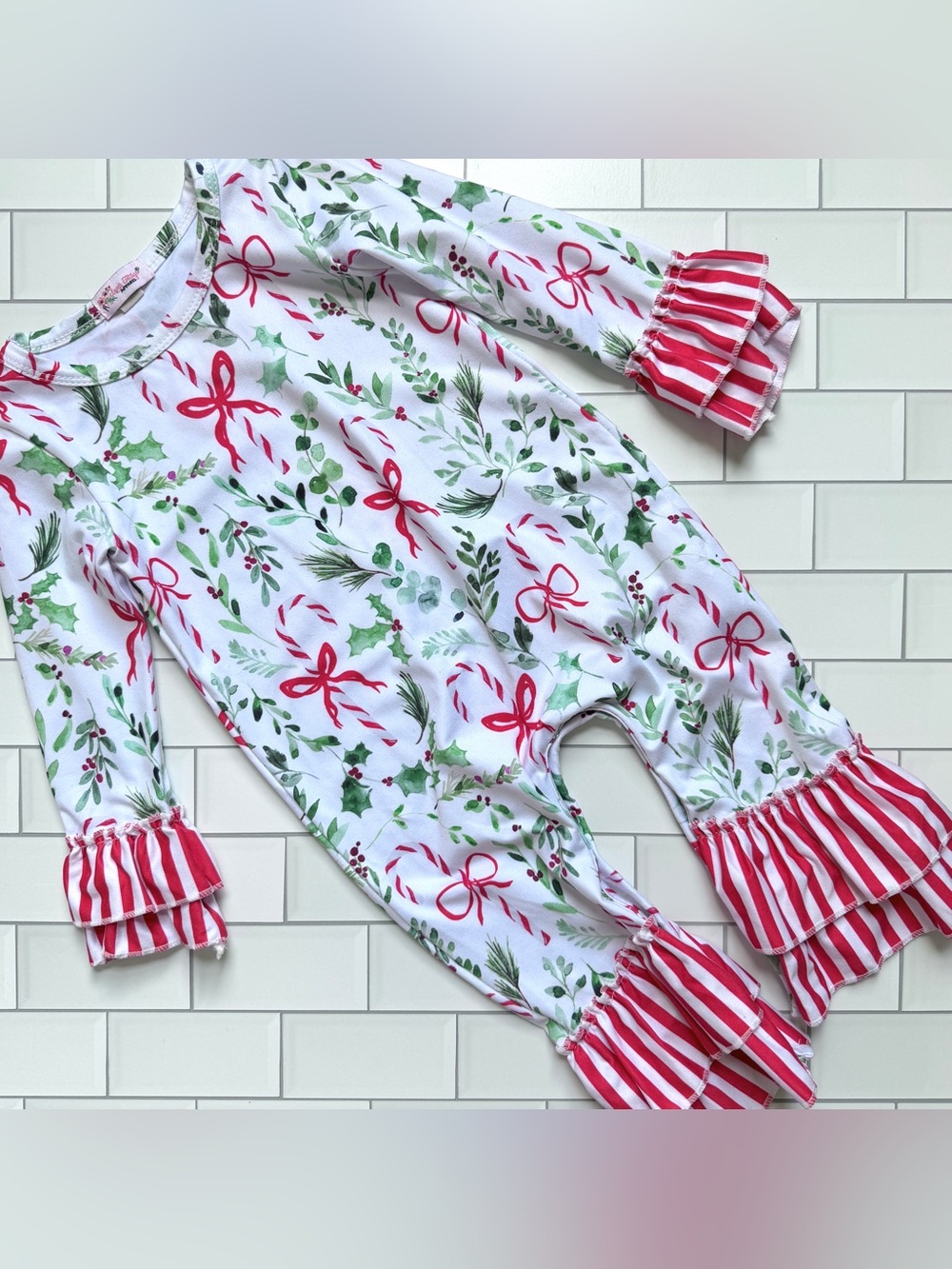 18-24M🎄 Clover Cottage Mistletoe Candy Cane Stripes Red Bows Ruffle Romper